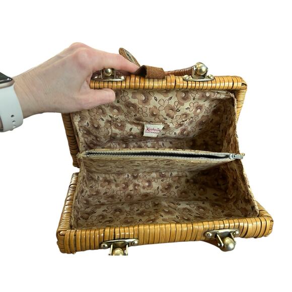 Vintage Lucky Bag Turn Lock Wicker Purse Leather Trim Heart Boho Fabric Lined - Picture 8 of 10